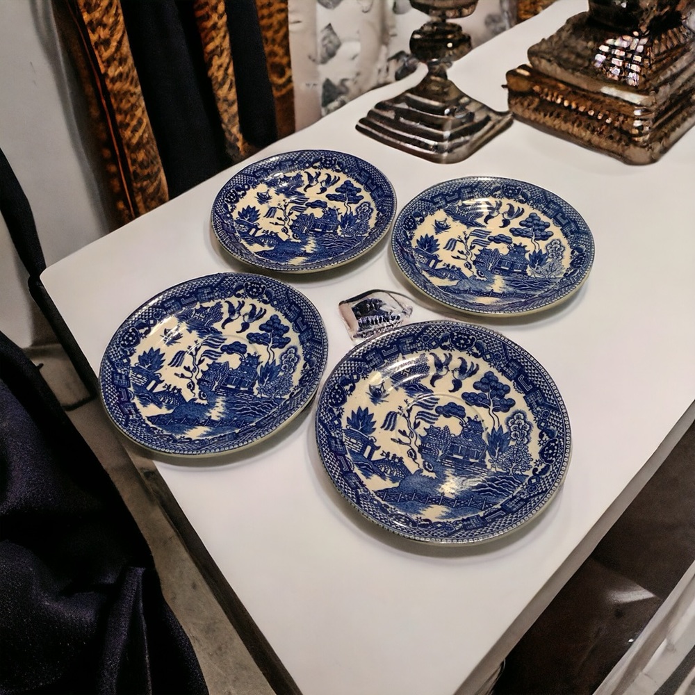 4 Antique Japanese Blue Willow Saucers c. 1960